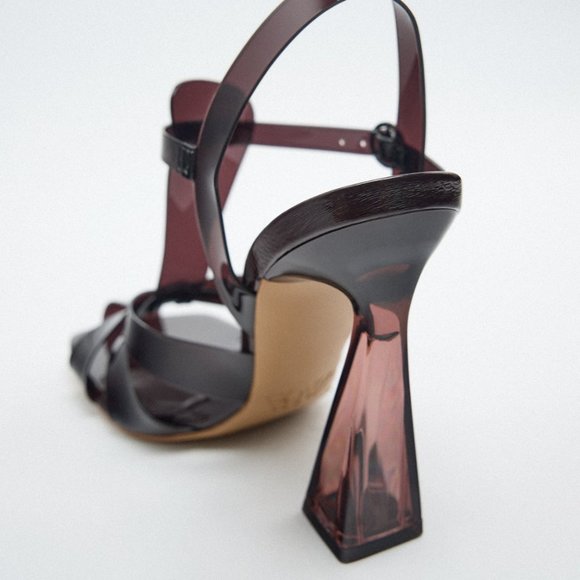 Zara Shoes Nwt Brown Vinyl Caged Heeled Sandals W Methacrylate Heel